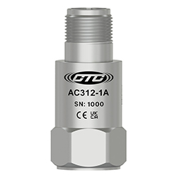 A stainless steel, standard size, top exit AC312 low voltage accelerometer engraved with the CTC Line logo, part number, serial number, and CE and UKCA certification markings.